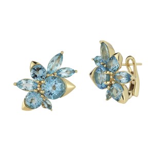 18K Blue Topaz Floral Cluster Earrings